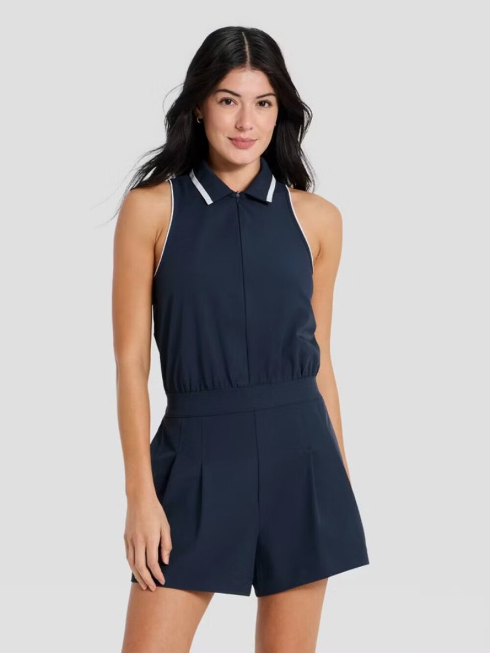 Women's Sleeveless Knit Pleated Romper - All In Motion Navy Blue L